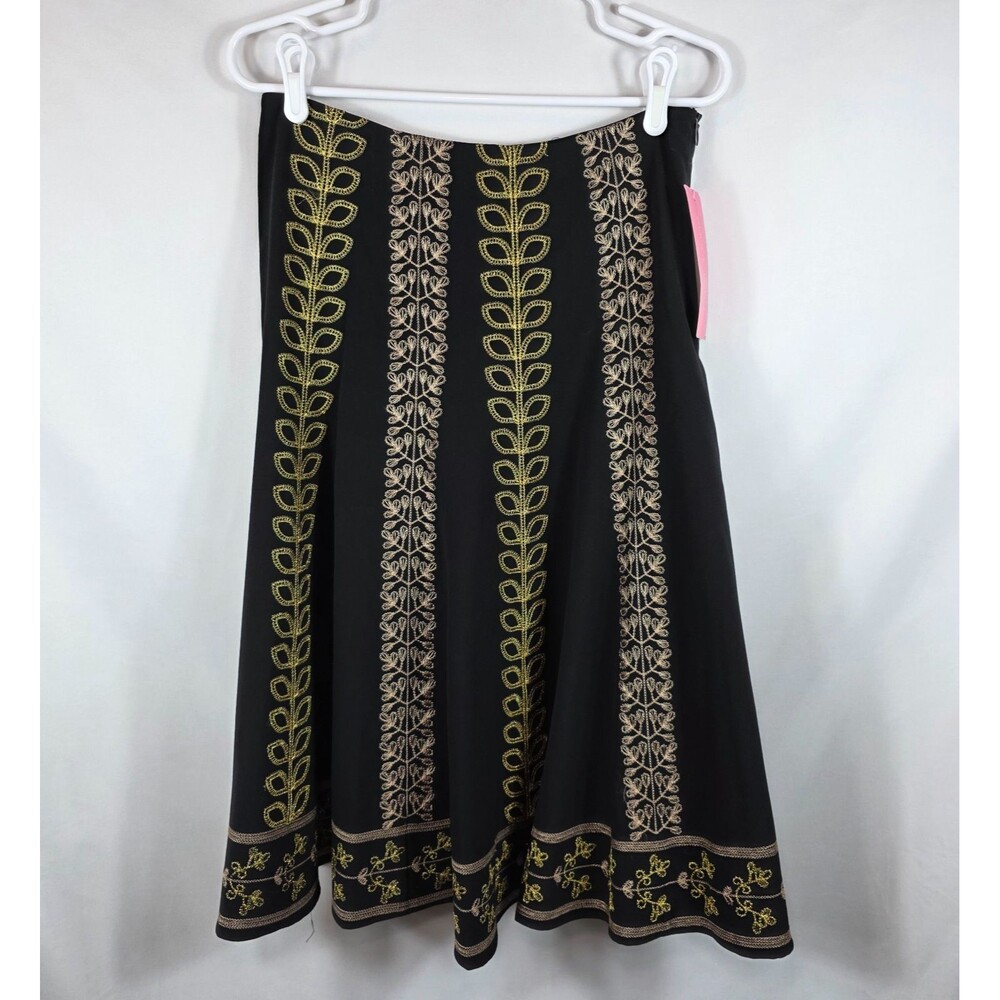 Sunny Leigh Embroidered Flair Skirt Women's Size 8 Black with Gold Design Boho